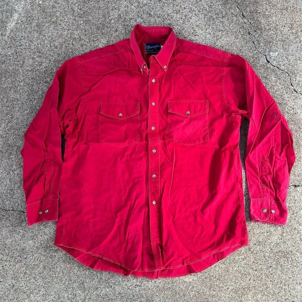 Vintage Wrangler Men's Red Long Sleeve Button-Up Shirt Size L heavy duty 17-35